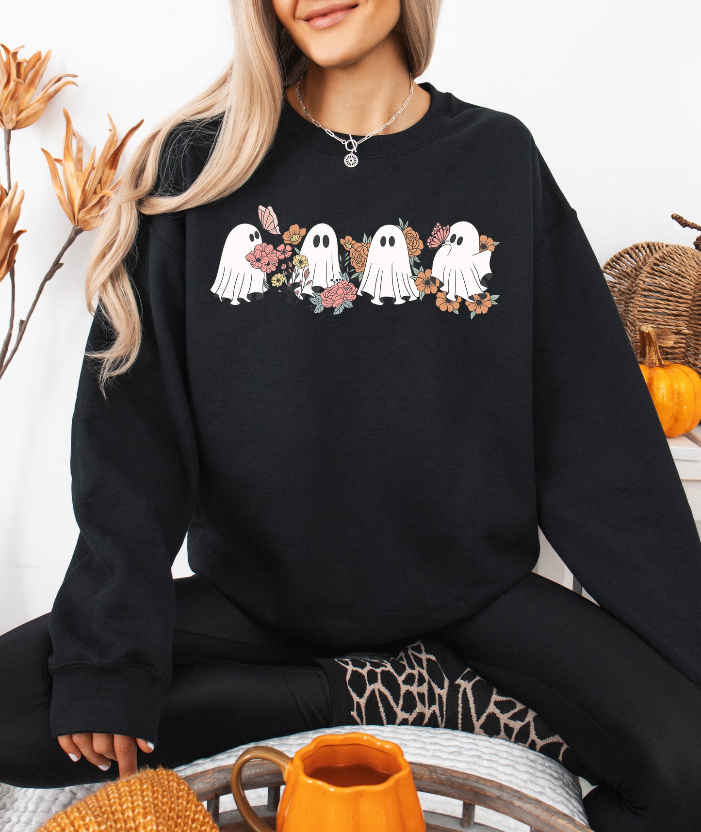 Cute Ghosts Floral Print Halloween Sweatshirt