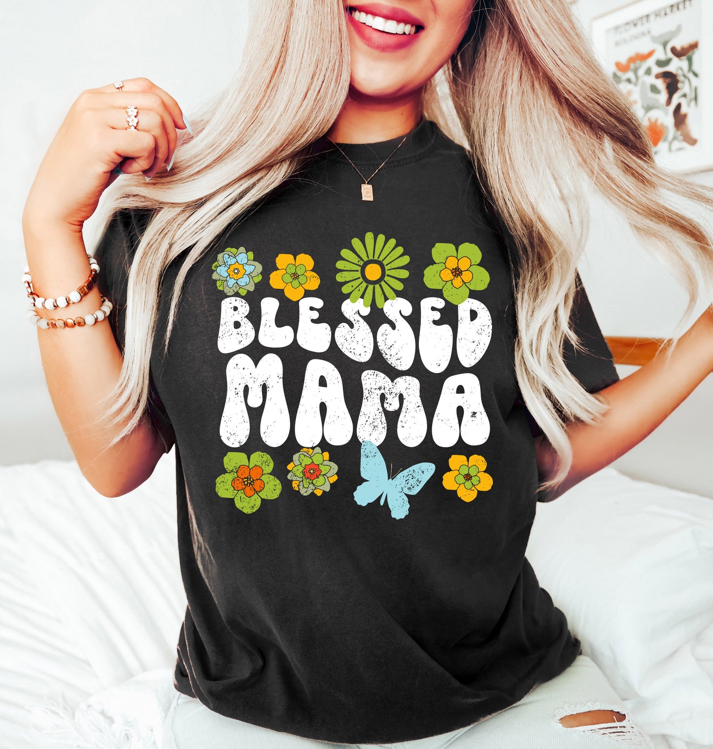 Blessed Mama Retro Flowers Shirt | Comfort Colors Vintage Style Mom Shirt