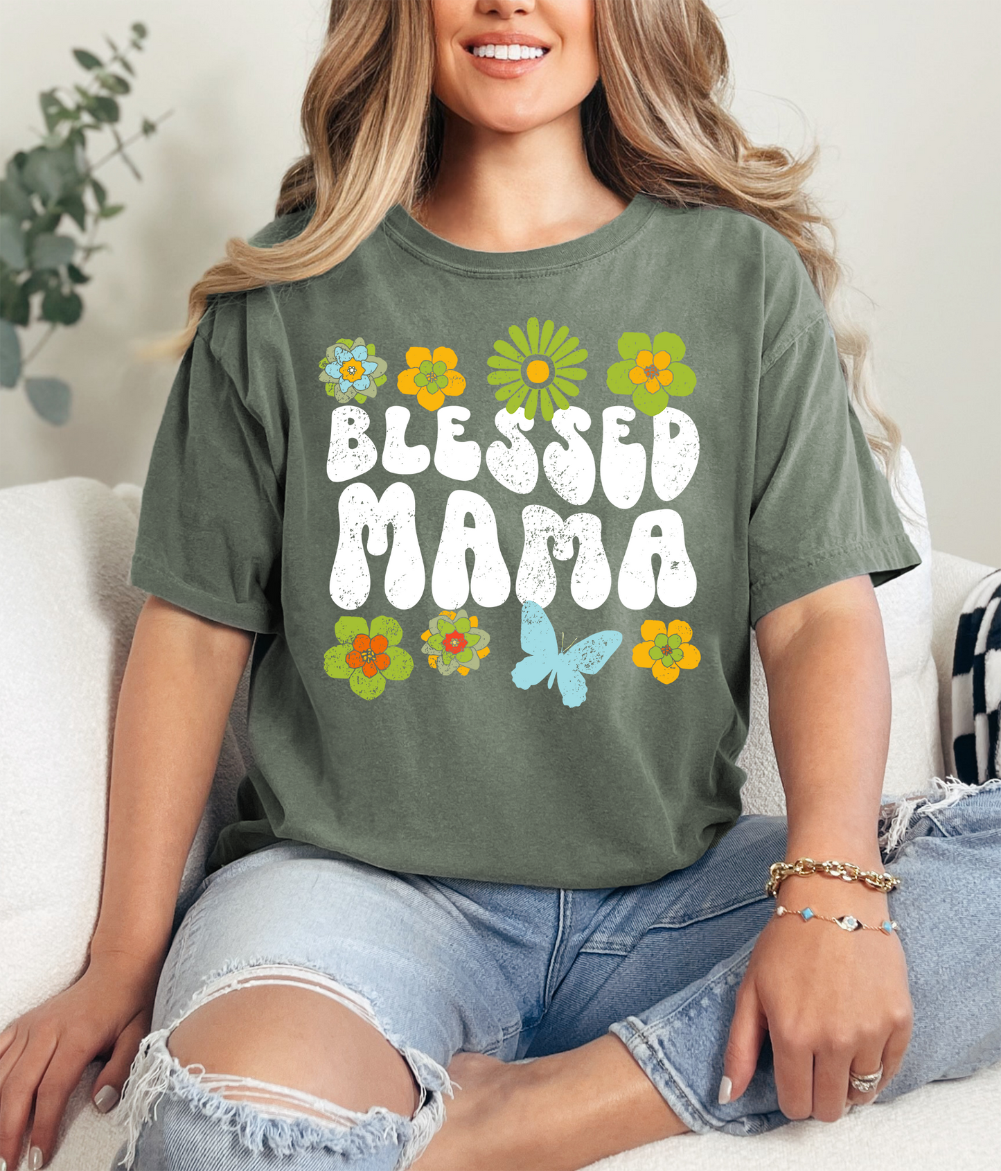 Blessed Mama Retro Flowers Shirt | Comfort Colors Vintage Style Mom Shirt