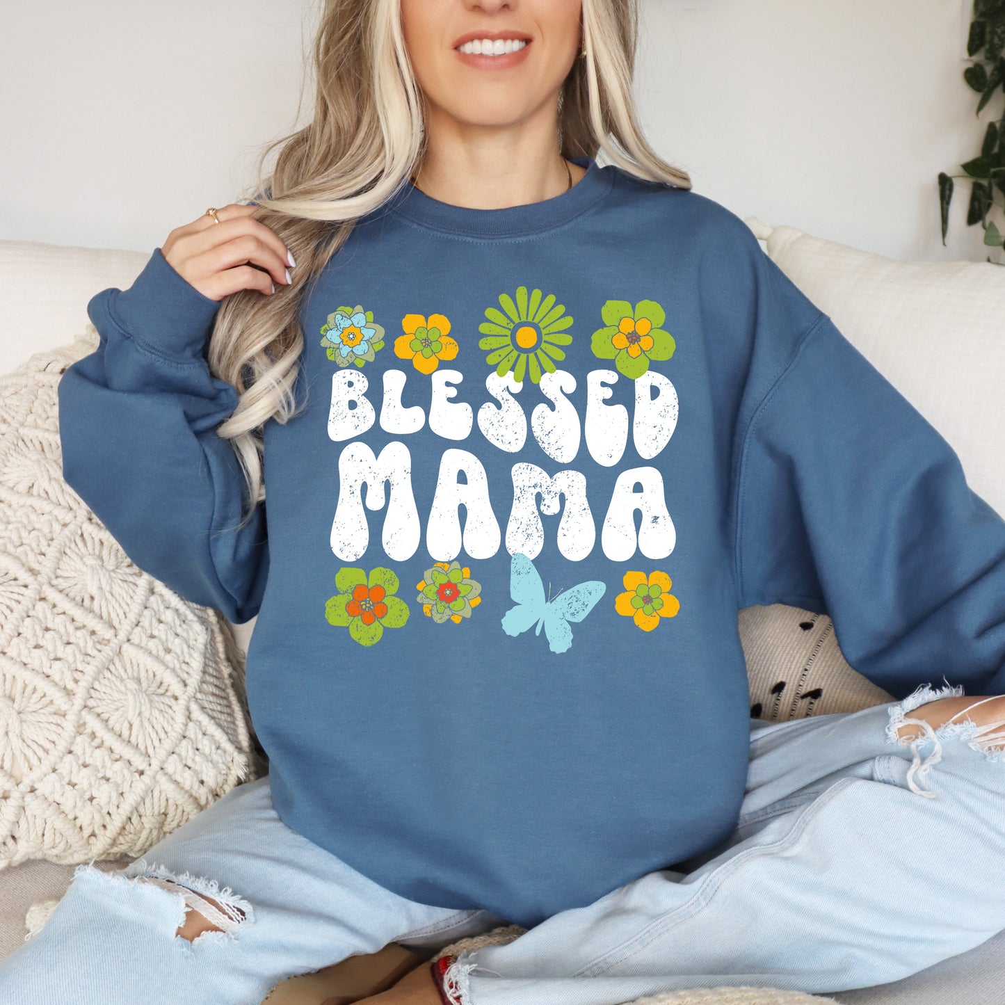Blessed Mama Retro Flowers Sweatshirt | Mom Sweatshirt