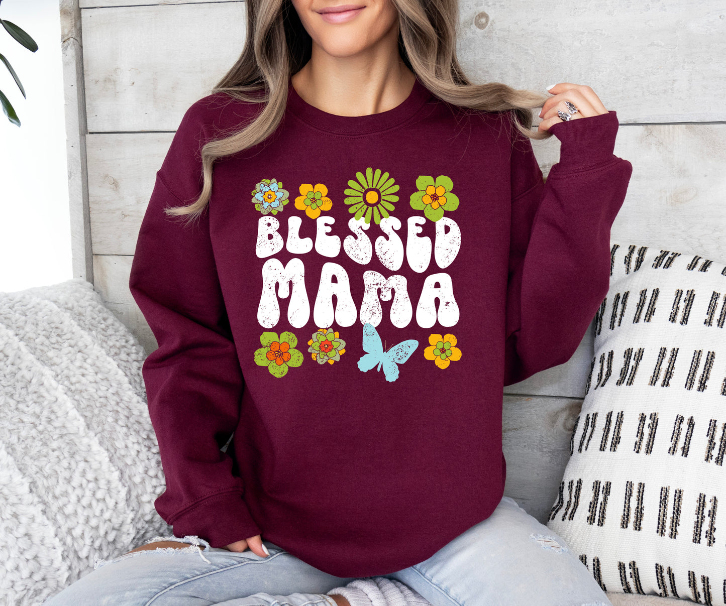 Blessed Mama Retro Flowers Sweatshirt | Mom Sweatshirt