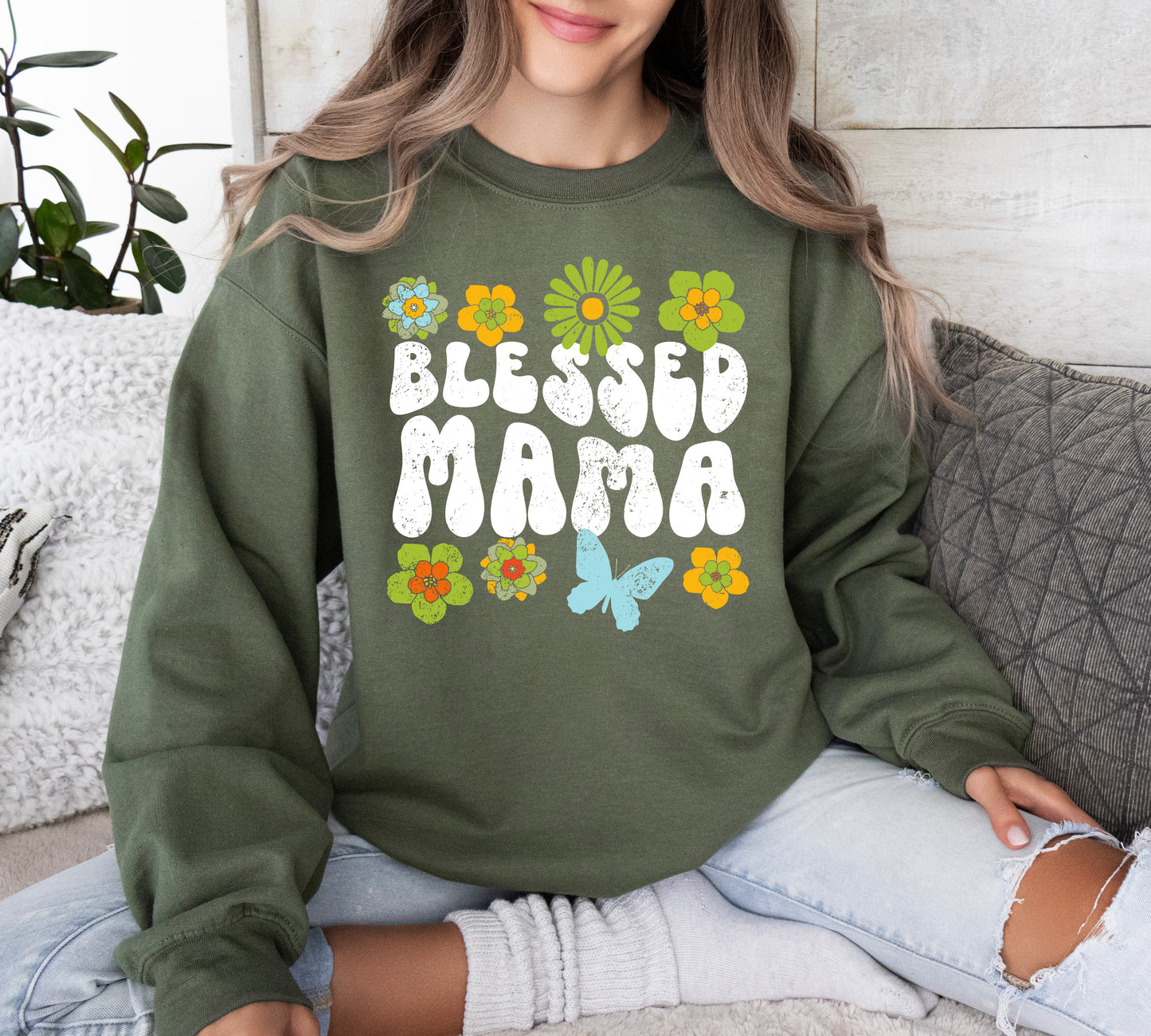 Blessed Mama Retro Flowers Sweatshirt | Mom Sweatshirt