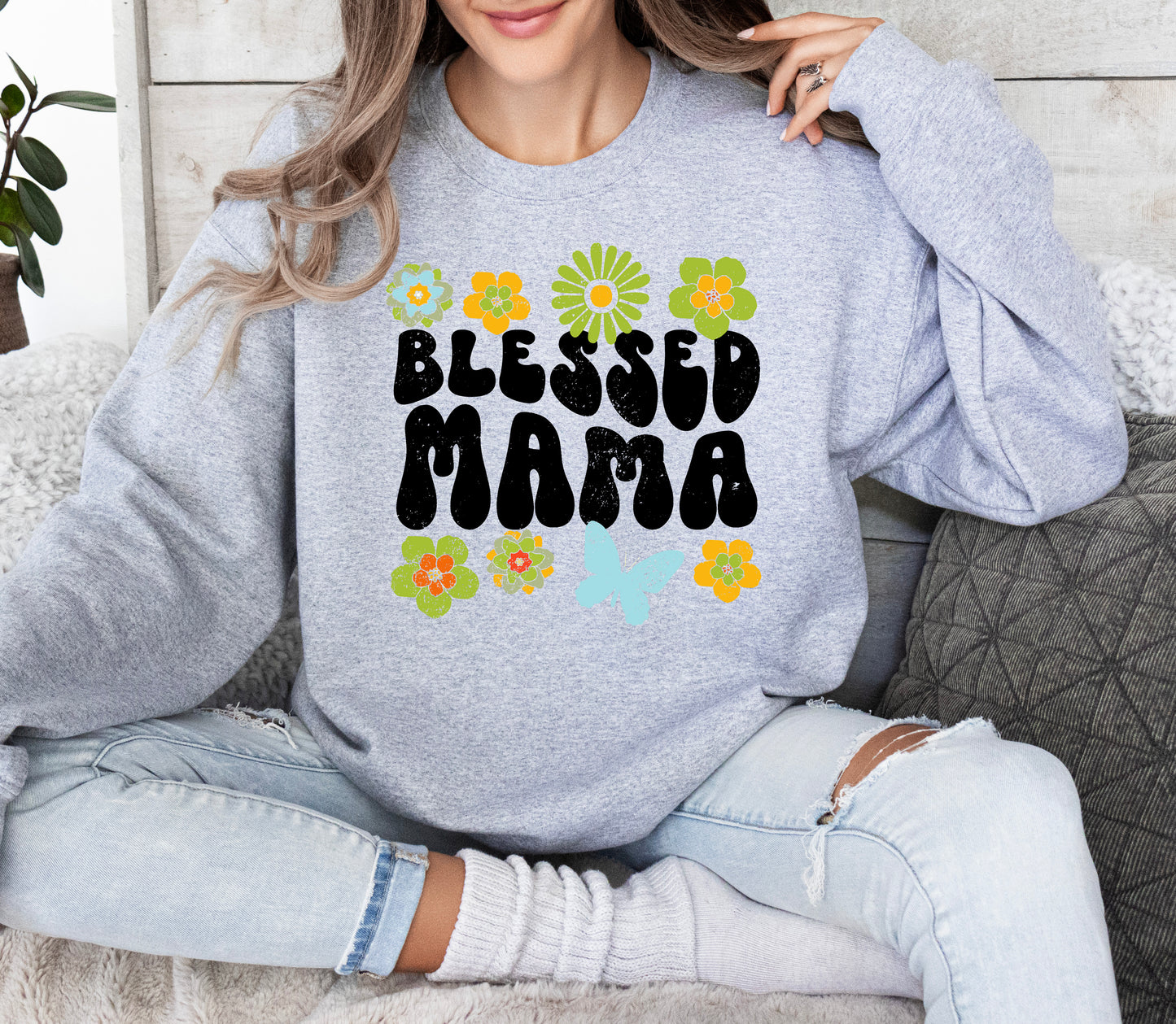 Blessed Mama Retro Flowers Sweatshirt | Mom Sweatshirt
