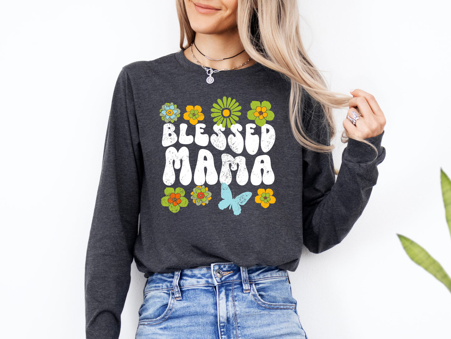 Blessed Mama Retro Flowers Shirt Long Sleeve | Long Sleeve Mom Shirt