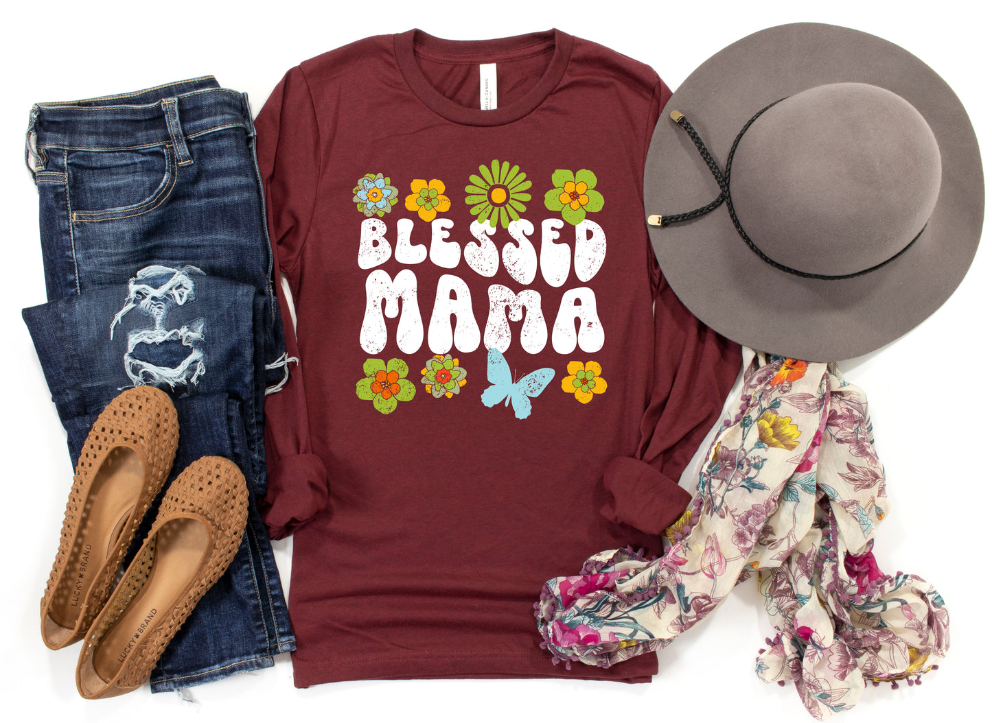 Blessed Mama Retro Flowers Shirt Long Sleeve | Long Sleeve Mom Shirt