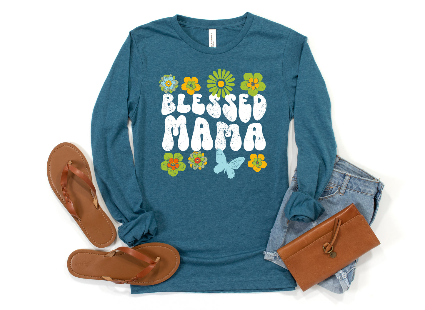 Blessed Mama Retro Flowers Shirt Long Sleeve | Long Sleeve Mom Shirt