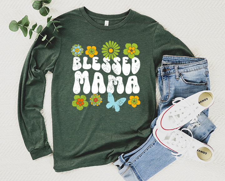 Blessed Mama Retro Flowers Shirt Long Sleeve | Long Sleeve Mom Shirt