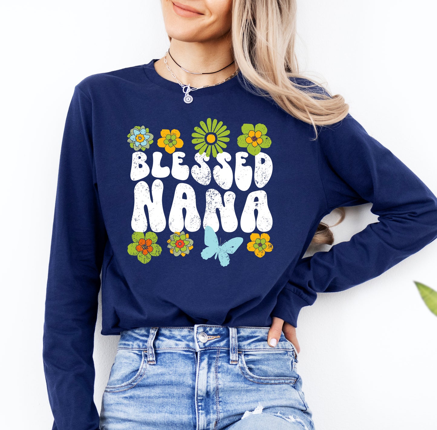 Blessed Nana Retro Flowers Shirt Long Sleeve | Long Sleeve Nana Shirt