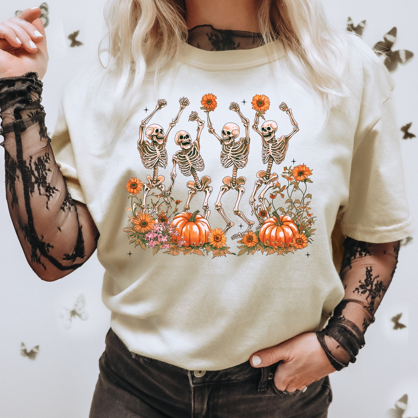 Dancing Skeletons in a Pumpkin Patch Vintage Style Shirt
