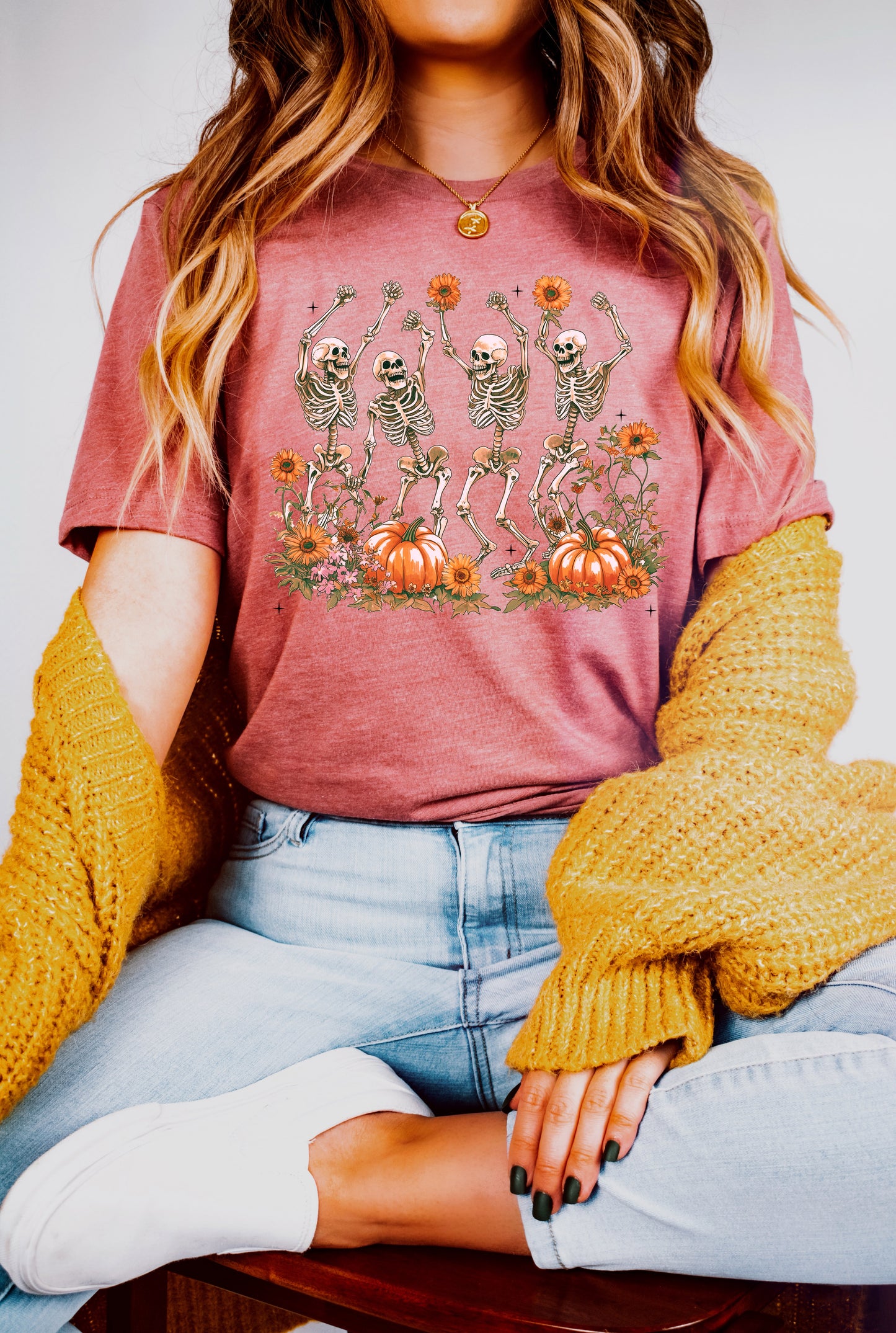 Dancing Skeletons in a Pumpkin Patch Halloween Shirt