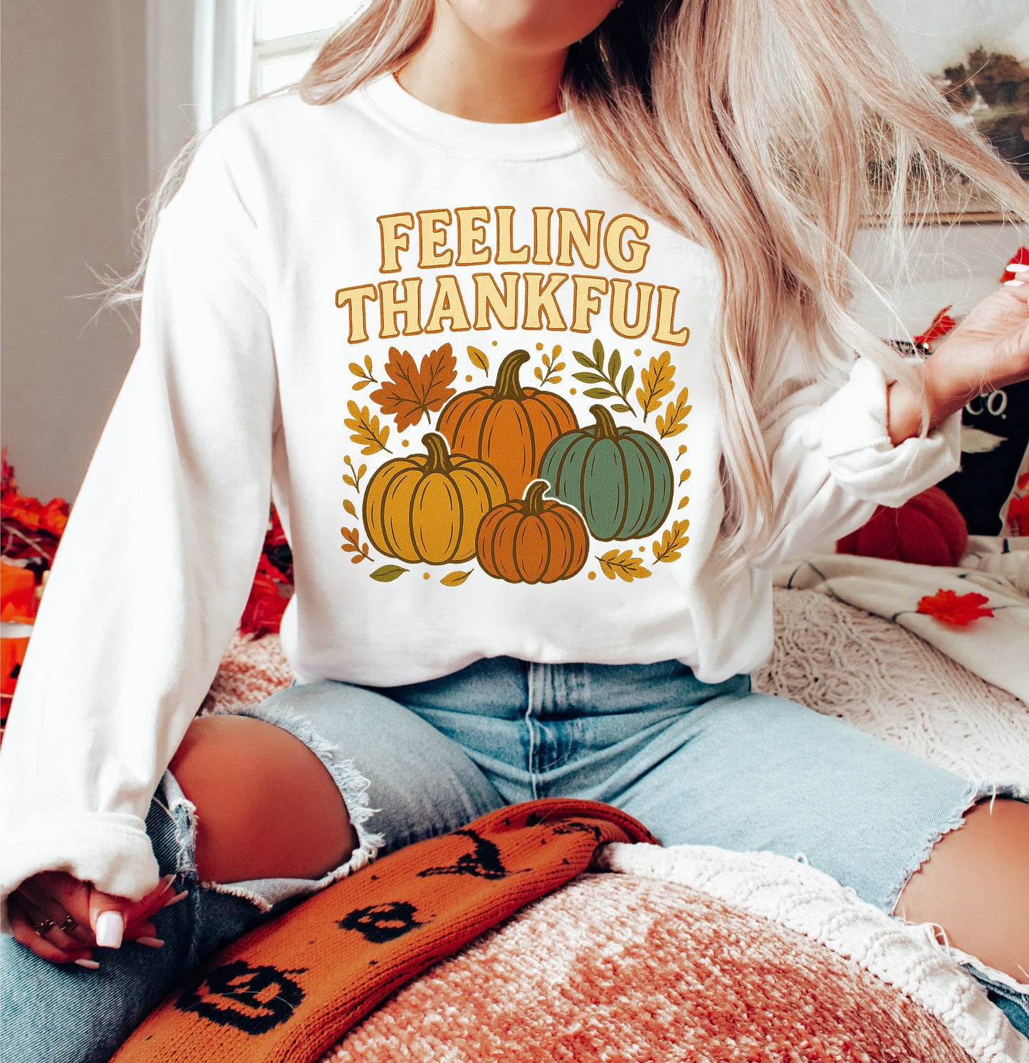 Feeling Thankful Retro Thanksgiving Sweatshirt Pumpkin Shirt
