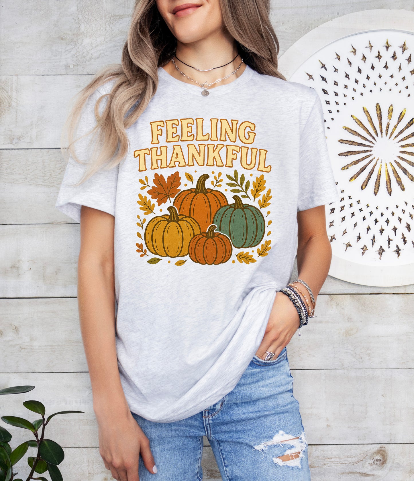 Feeling Thankful Retro Thanksgiving Shirt Pumpkin Tee | Light Garment