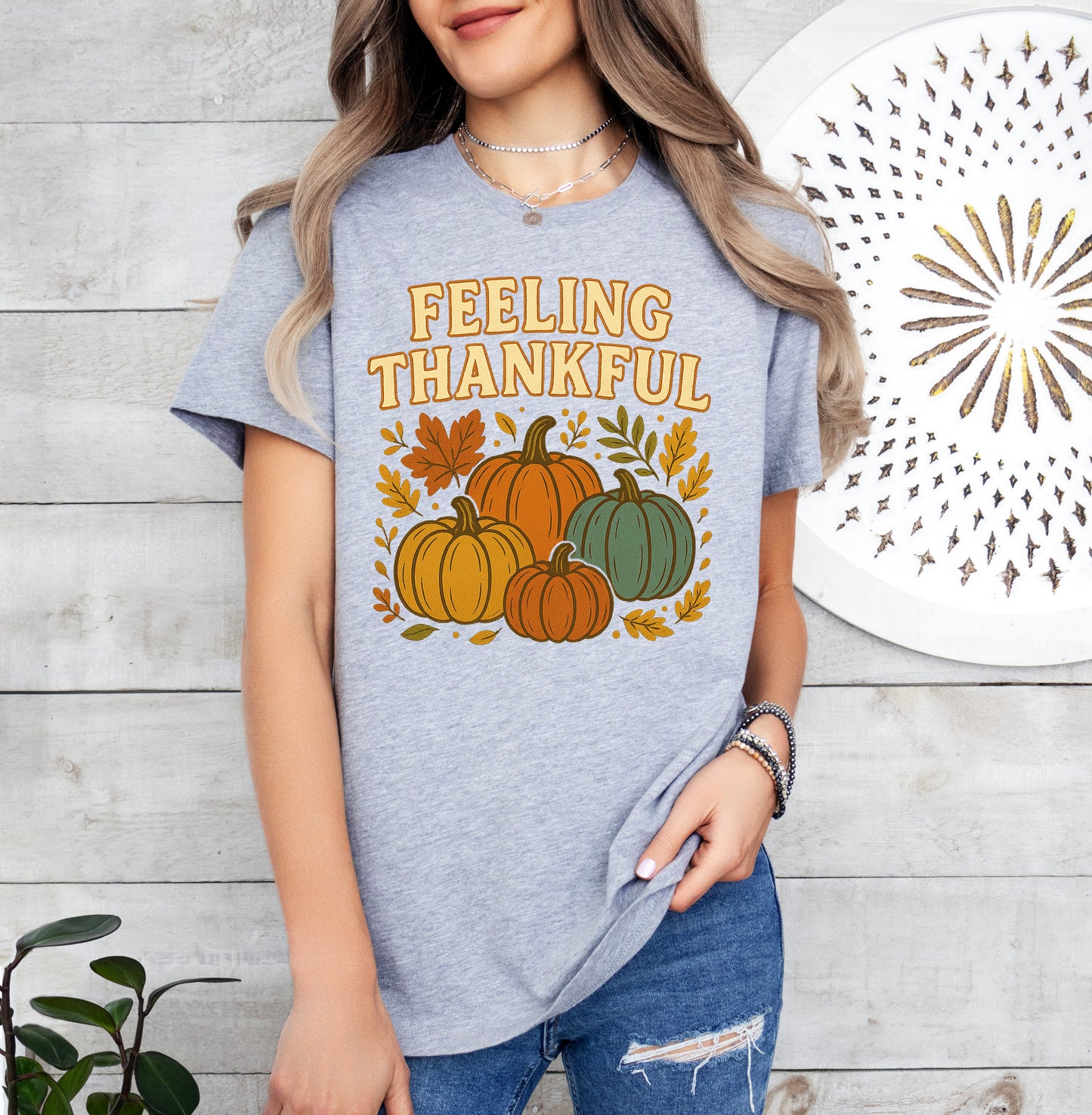 Feeling Thankful Retro Thanksgiving Shirt Pumpkin Tee | Light Garment