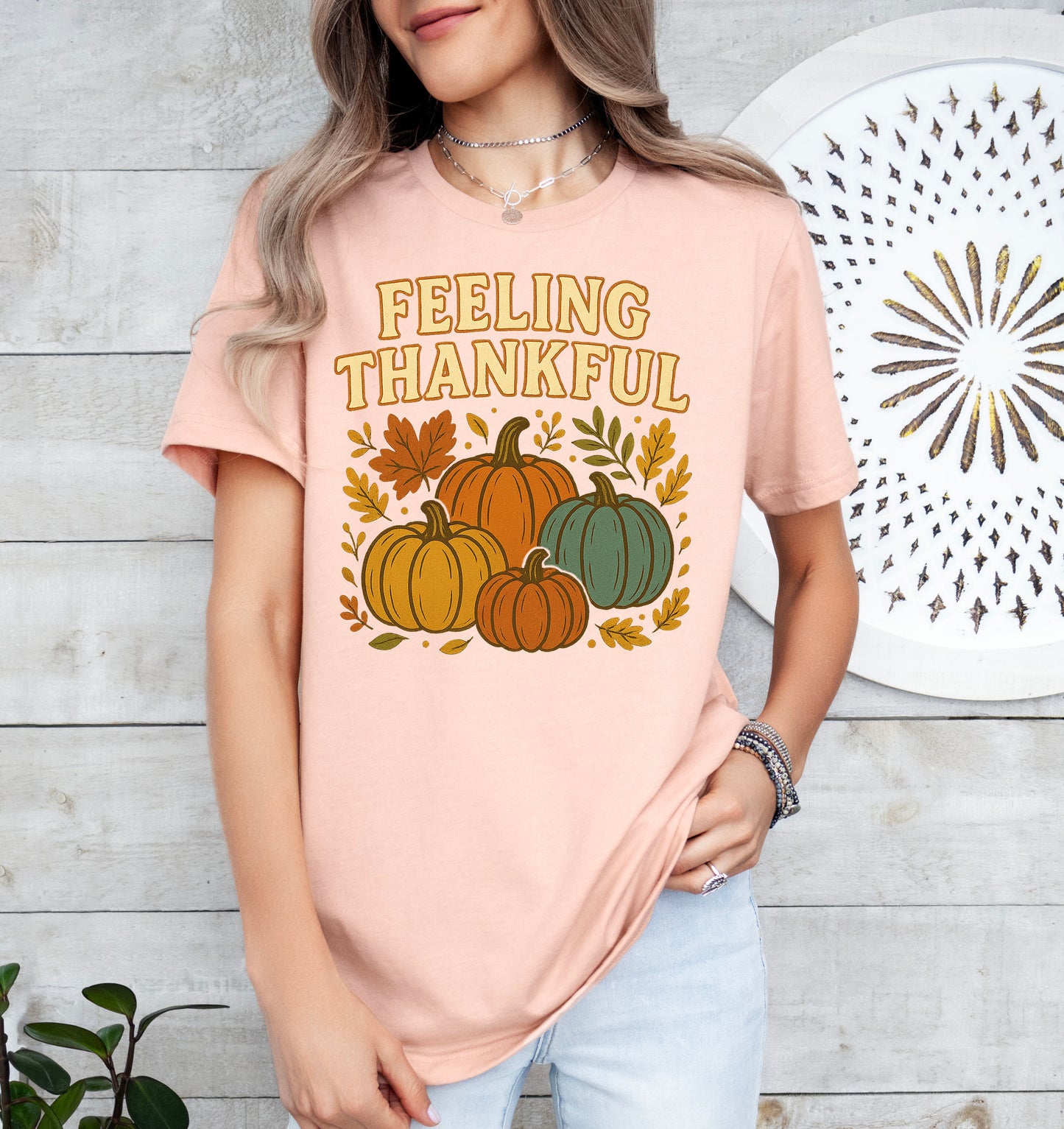 Feeling Thankful Retro Thanksgiving Shirt Pumpkin Tee | Light Garment