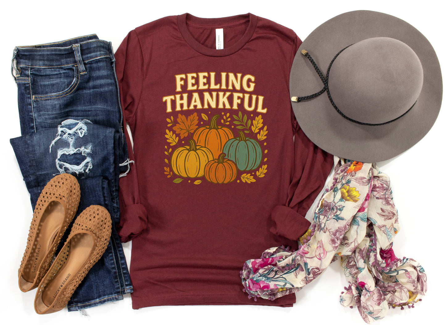 Feeling Thankful Retro Thanksgiving Shirt Pumpkin Tee Long Sleeve