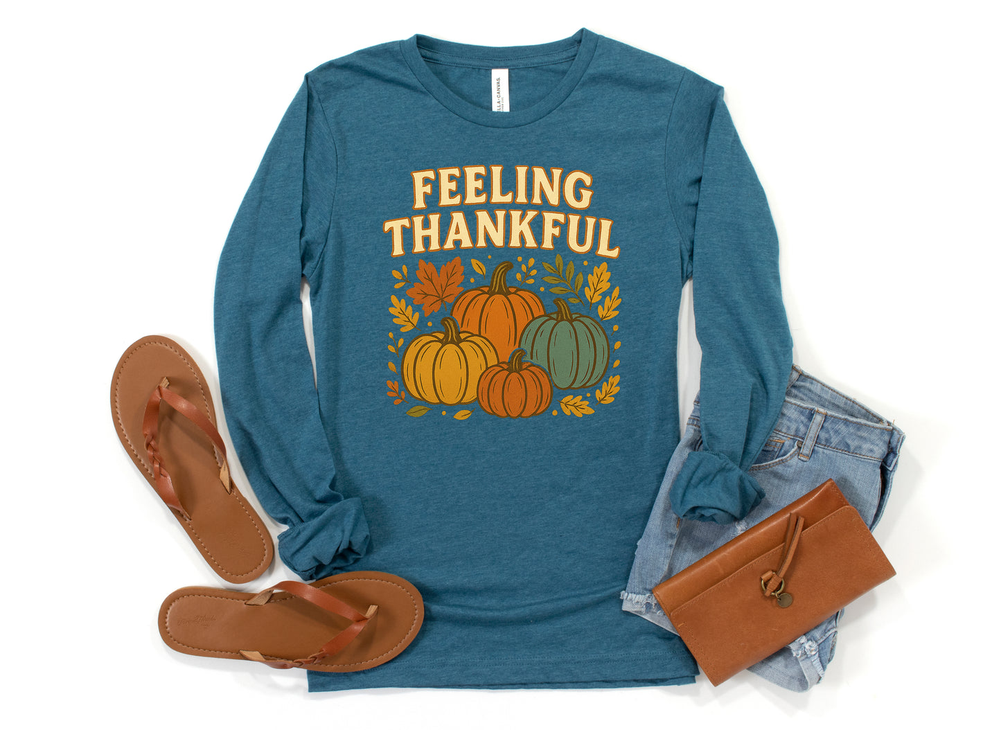 Feeling Thankful Retro Thanksgiving Shirt Pumpkin Tee Long Sleeve