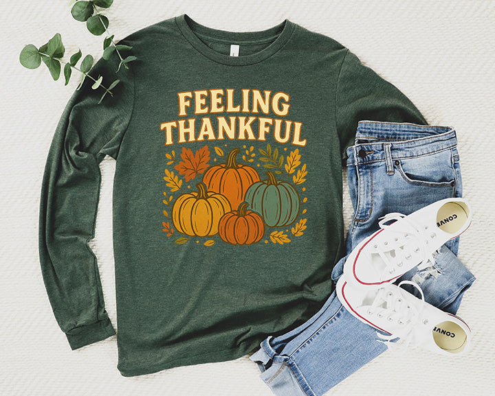 Feeling Thankful Retro Thanksgiving Shirt Pumpkin Tee Long Sleeve