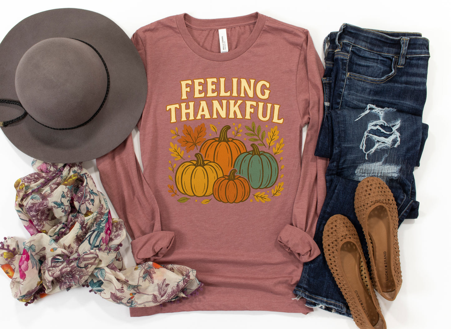 Feeling Thankful Retro Thanksgiving Shirt Pumpkin Tee Long Sleeve
