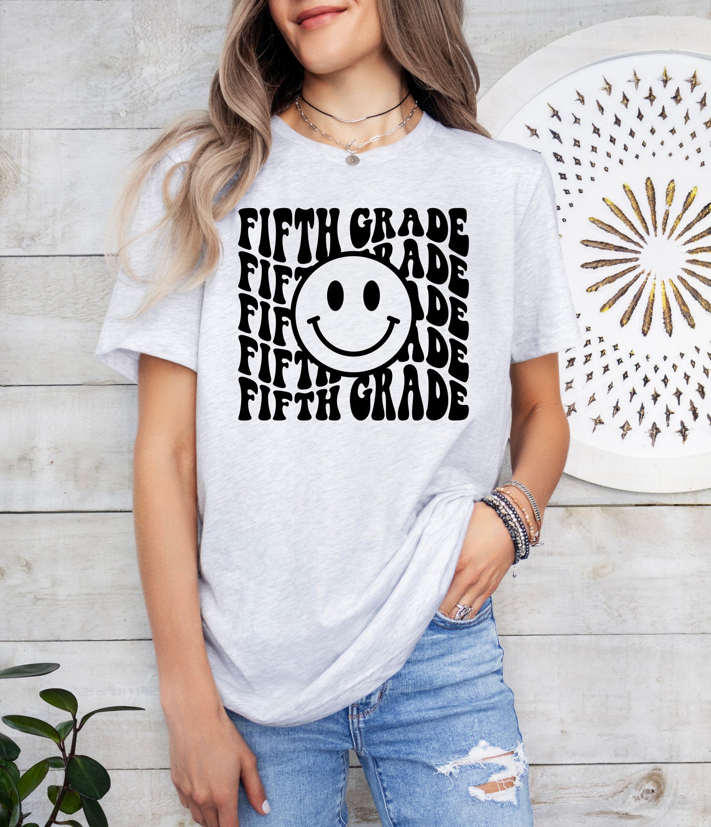 Retro Wave Fifth Grade Teacher Shirt | Light Garment