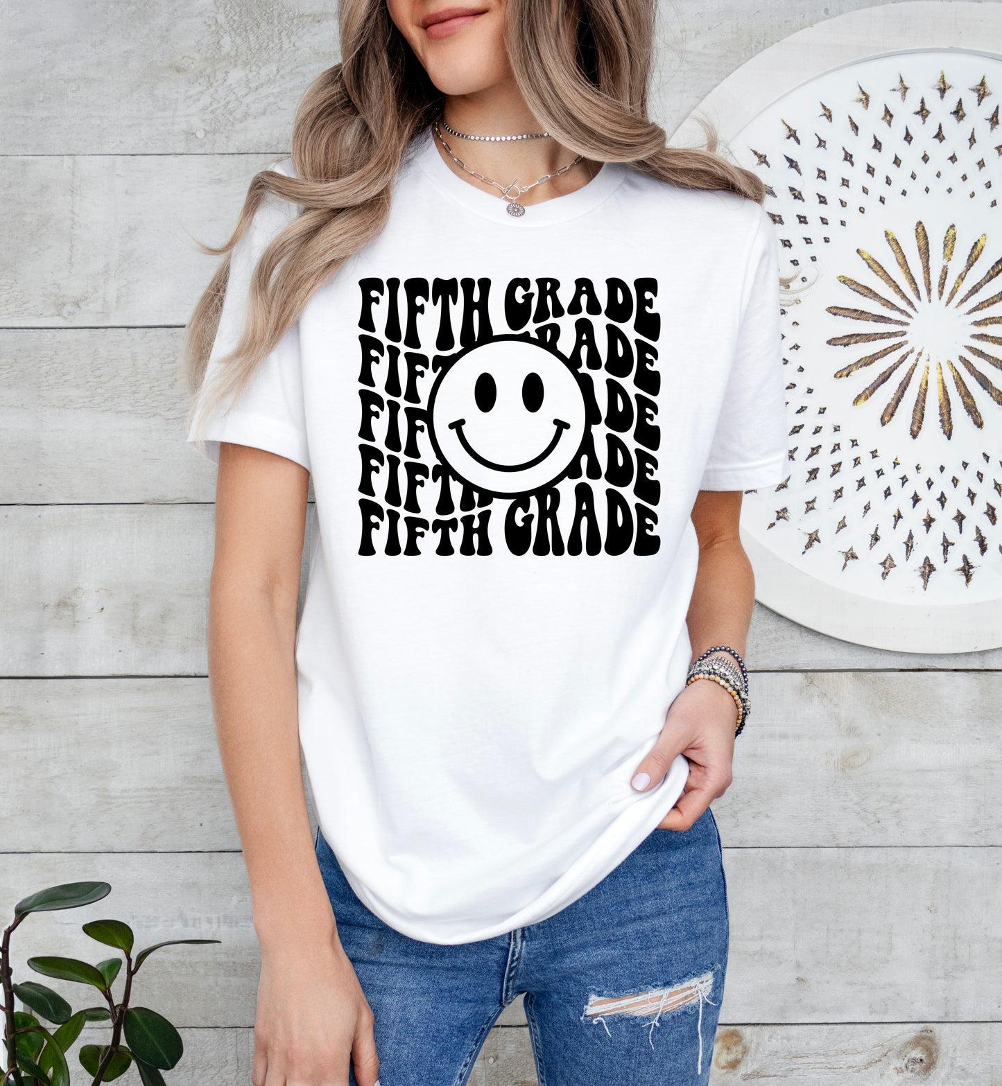 Retro Wave Fifth Grade Teacher Shirt | Light Garment