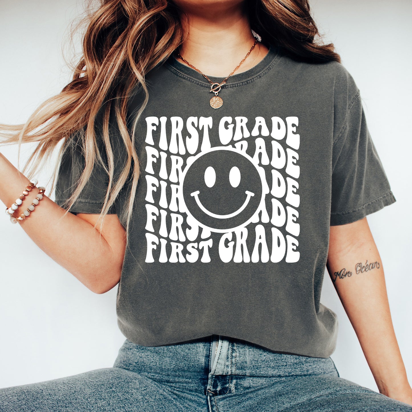 Retro Wave First Grade Teacher Shirt | Comfort Colors Vintage Style Teacher Shirt