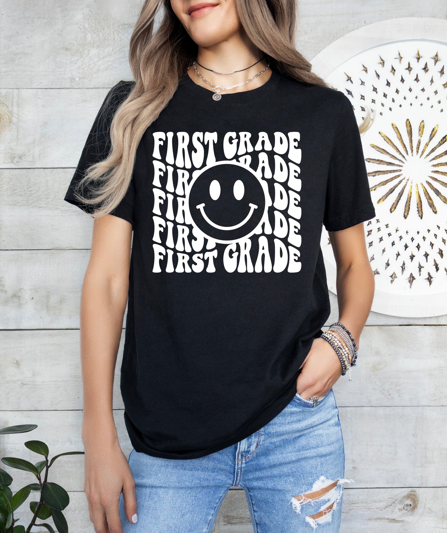 Retro Wave First Grade Teacher Shirt