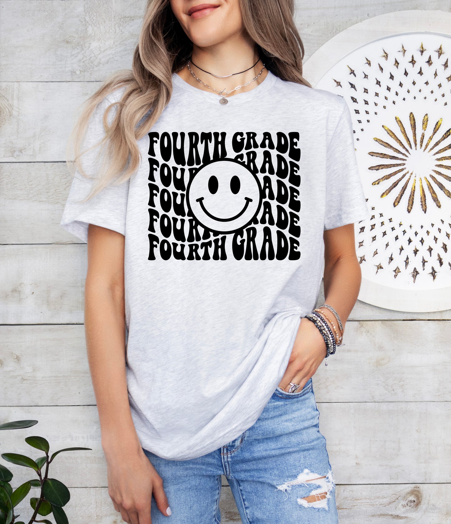 Retro Wave Fourth Grade Teacher Shirt | Light Garment