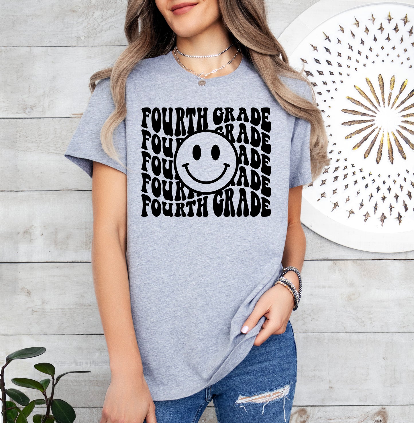 Retro Wave Fourth Grade Teacher Shirt | Light Garment