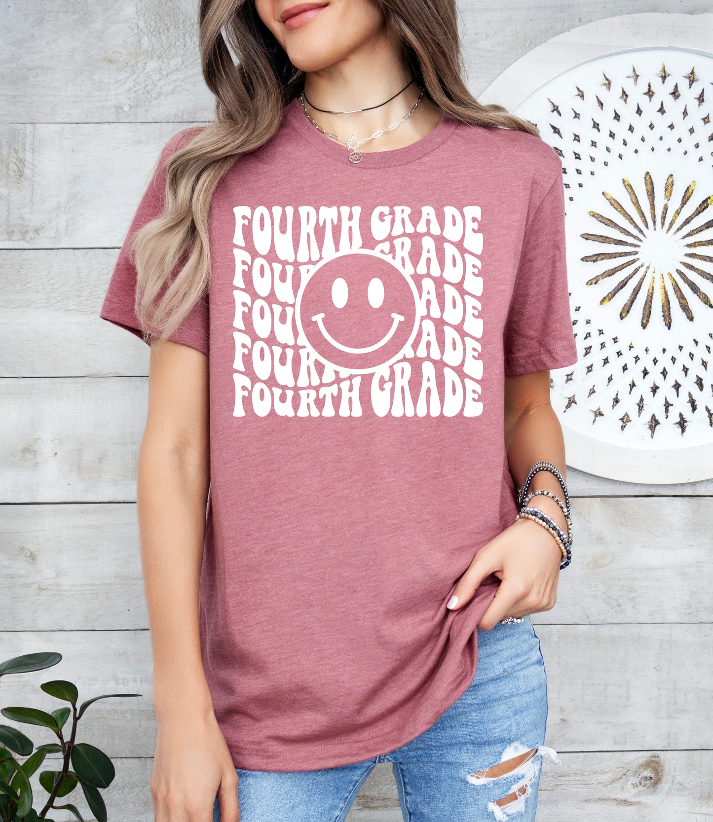 Retro Wave Fourth Grade Teacher Shirt