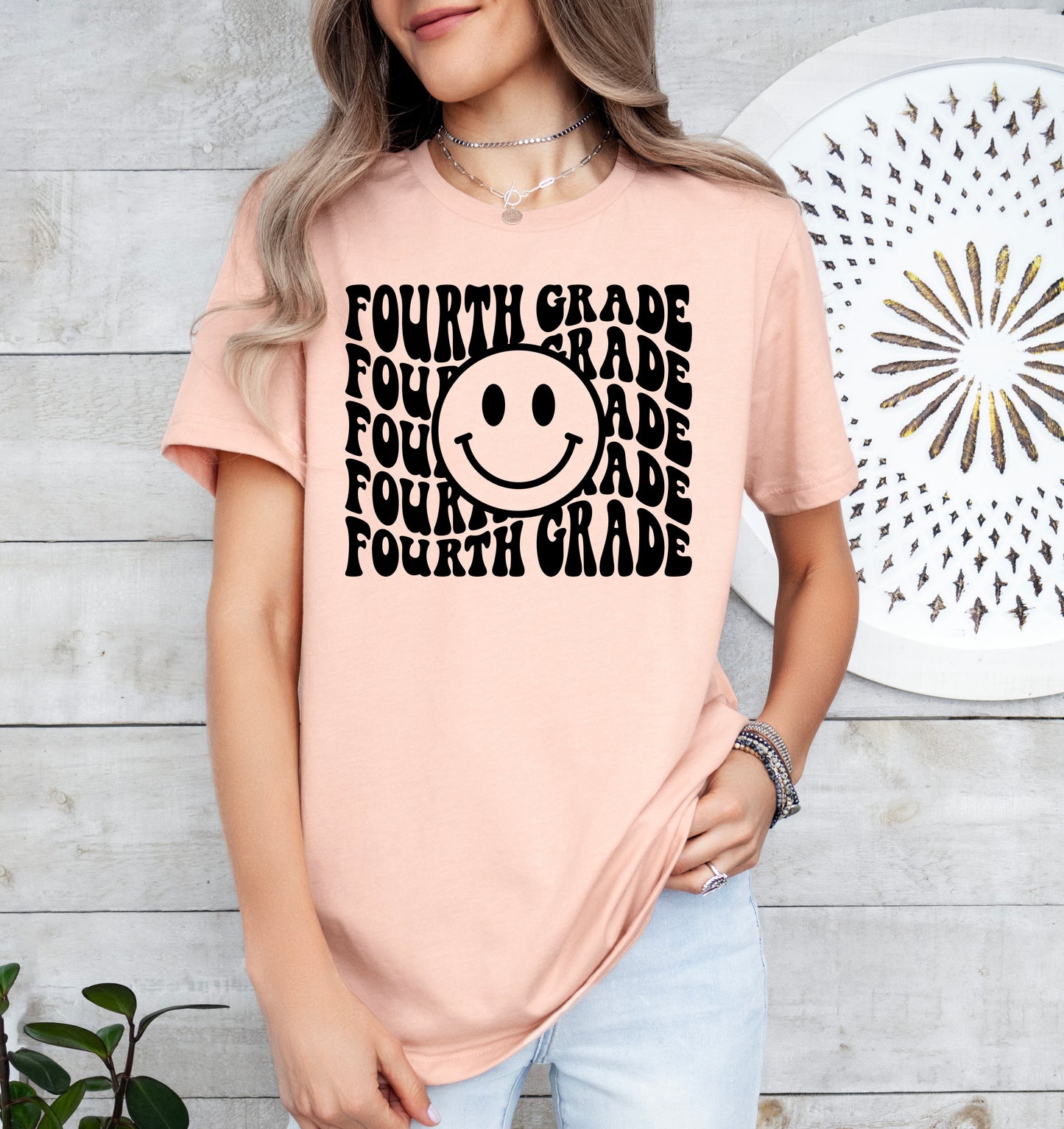 Retro Wave Fourth Grade Teacher Shirt | Light Garment