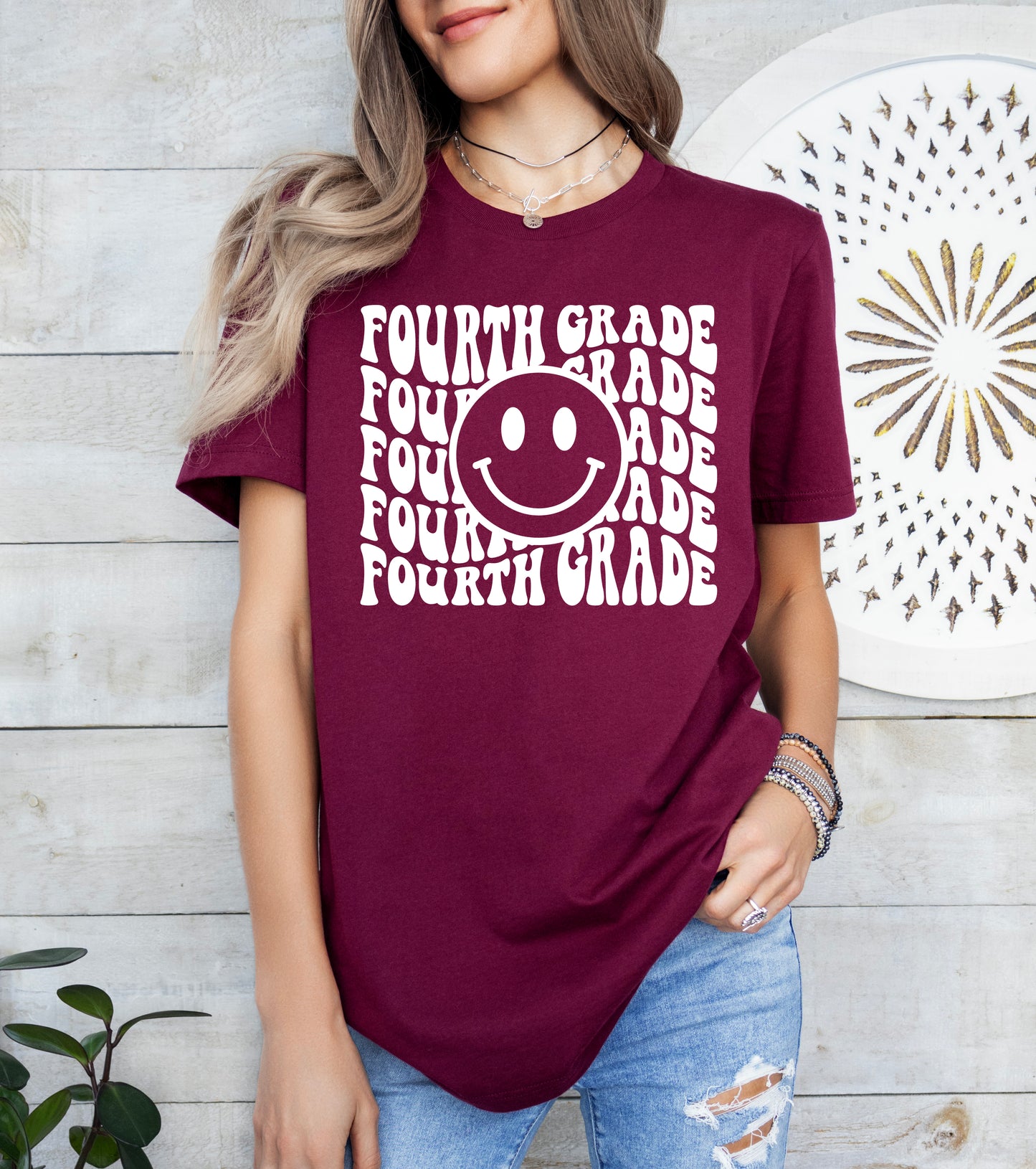 Retro Wave Fourth Grade Teacher Shirt