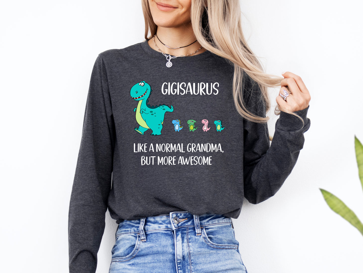 Customizable Gigisaurus With Little Dino Followers Shirt Long Sleeve | Long Sleeve Gigi Shirt