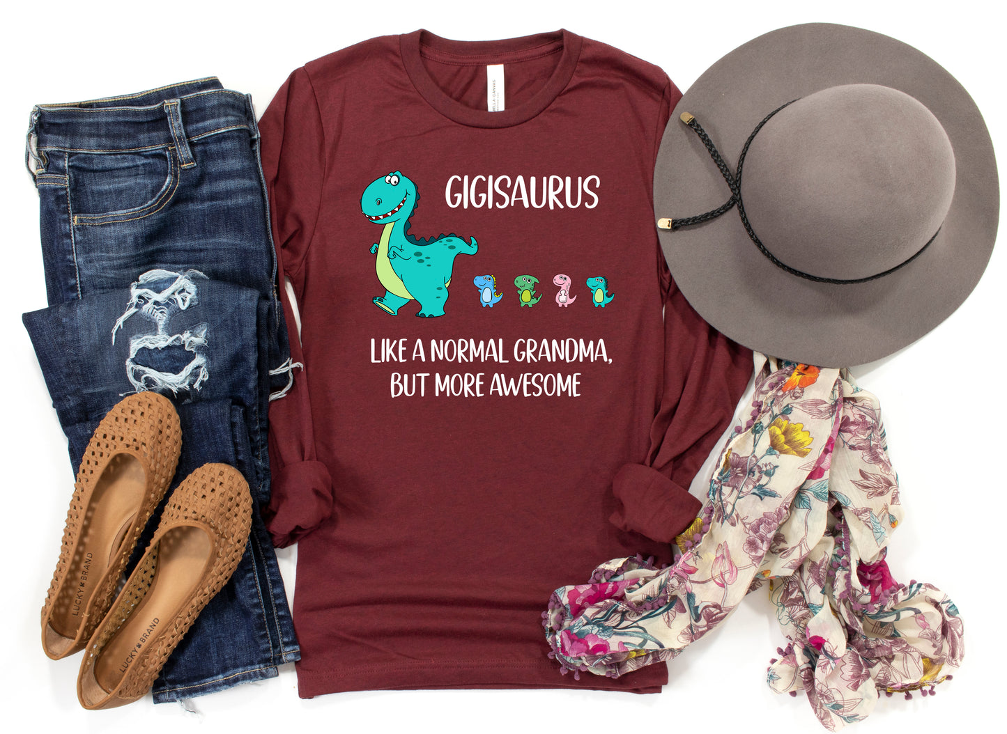 Customizable Gigisaurus With Little Dino Followers Shirt Long Sleeve | Long Sleeve Gigi Shirt