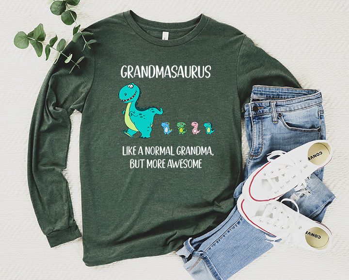 Custom Grandmasaurus Shirt With Little Dino Followers Long Sleeve | Long Sleeve Grandma Shirt
