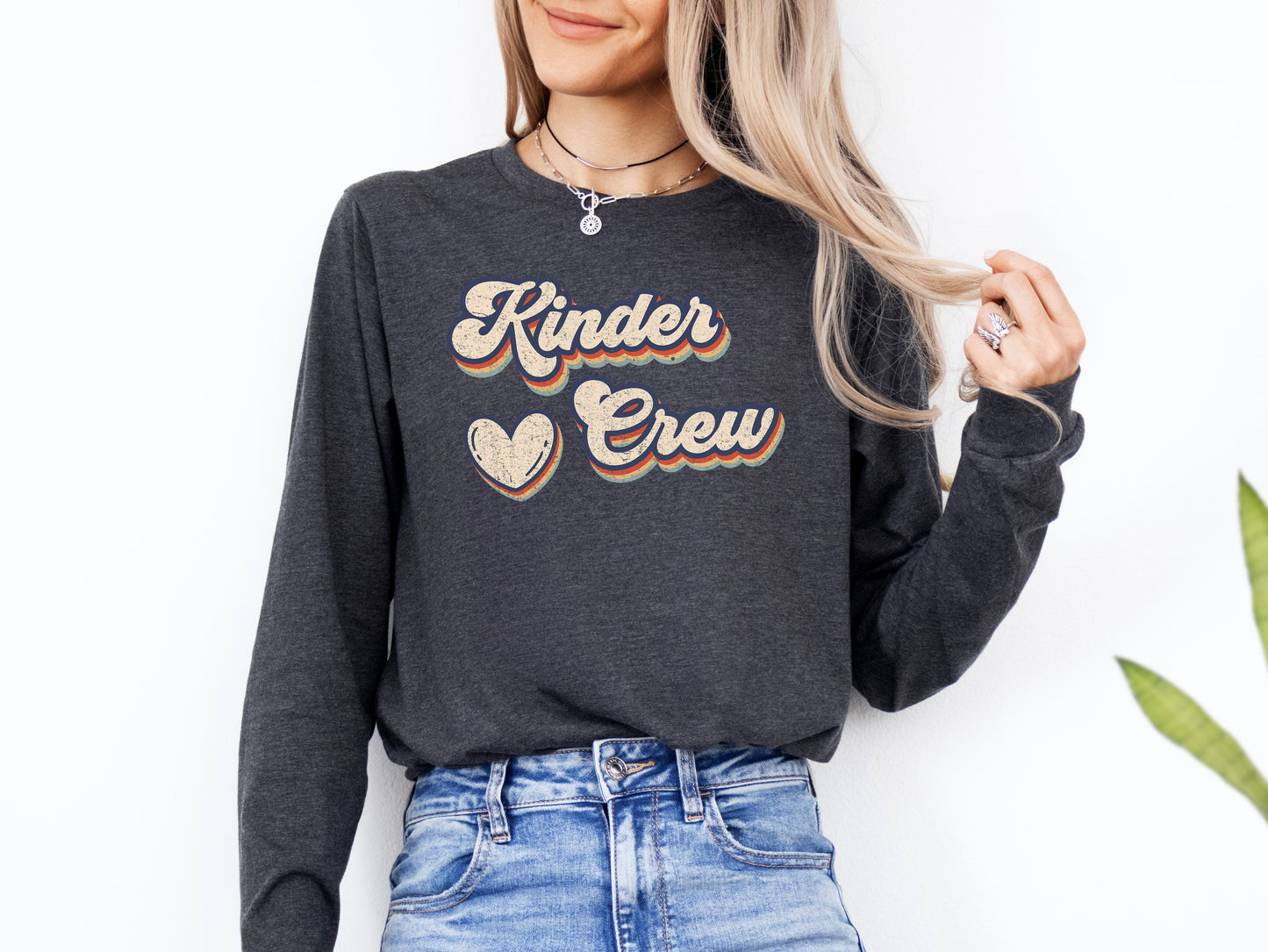 Retro Kinder Crew Shirt Long Sleeve | Long Sleeve Kindergarten Teacher Shirt
