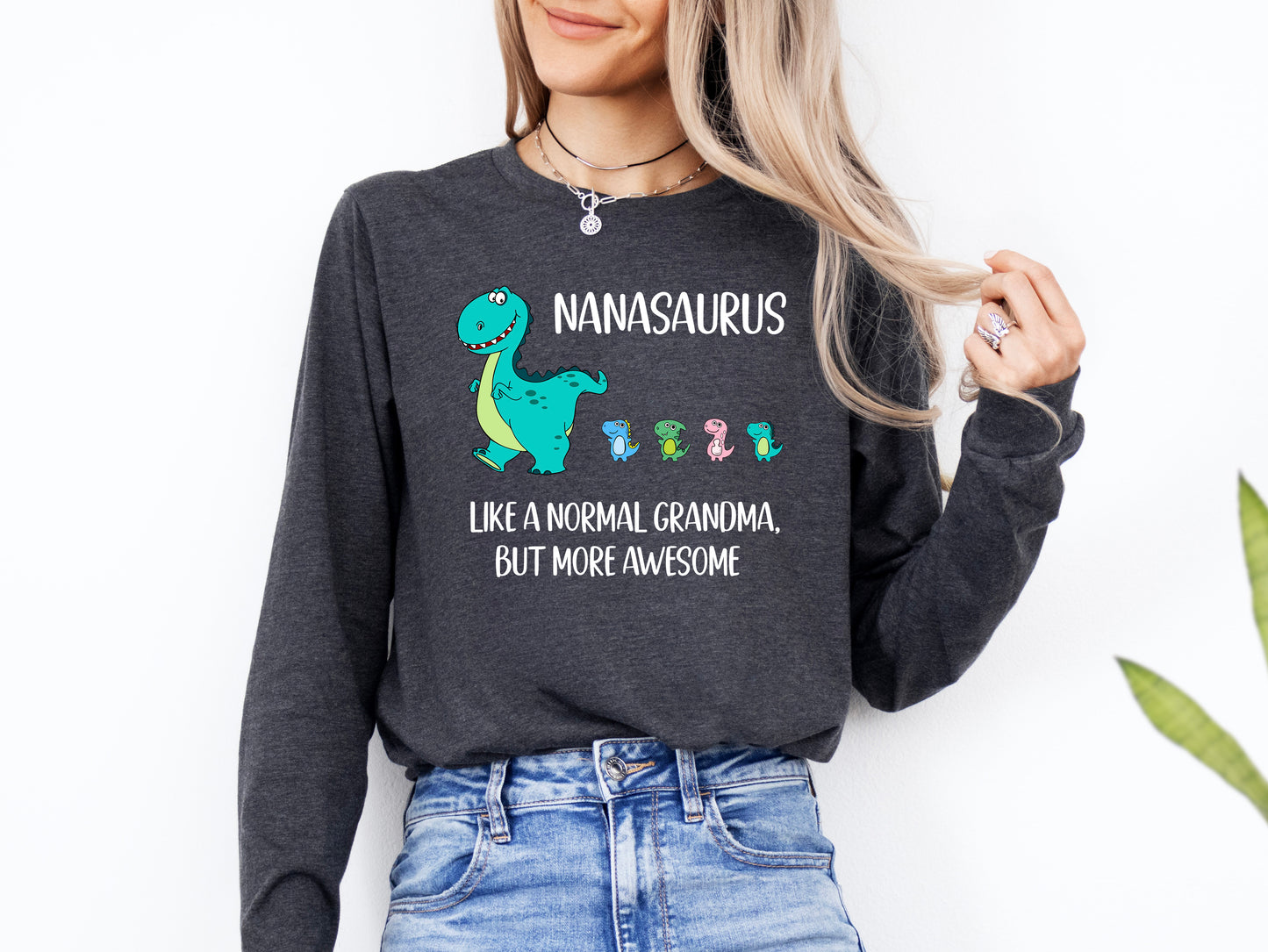 Custom Nanasaurus With Little Dino Followers Shirt Long Sleeve | Long Sleeve Nana Shirt