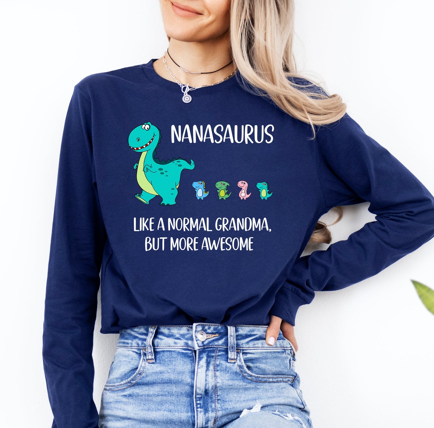 Custom Nanasaurus With Little Dino Followers Shirt Long Sleeve | Long Sleeve Nana Shirt