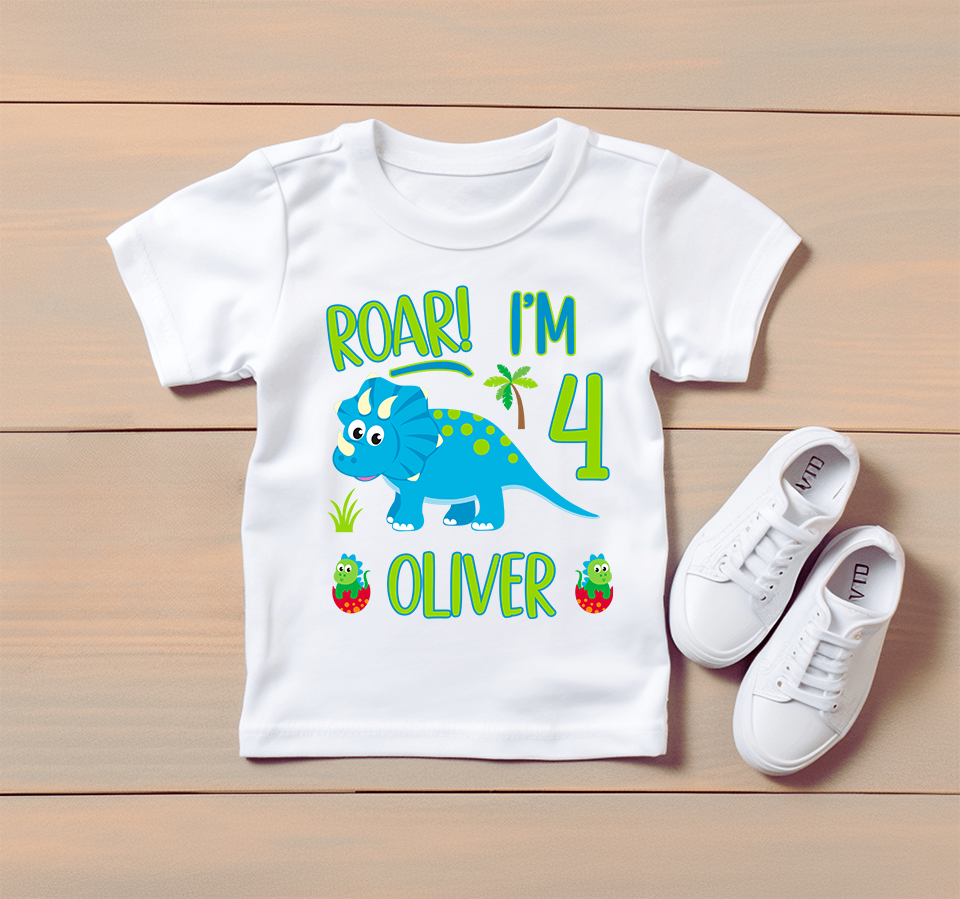 Personalized "Roar I'm 4" Dinosaur Birthday Kids Shirt