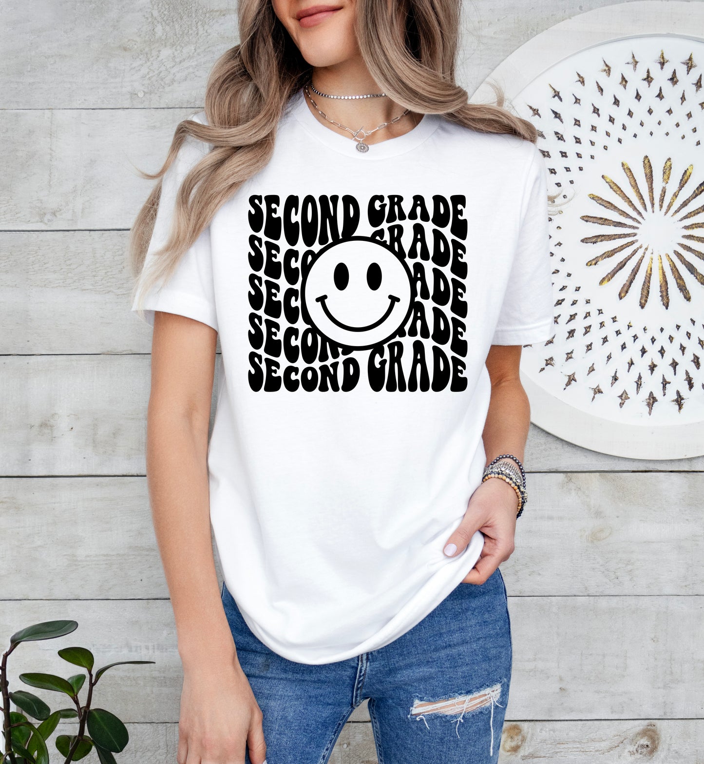 Retro Wave Second Grade Teacher Shirt | Light Garment