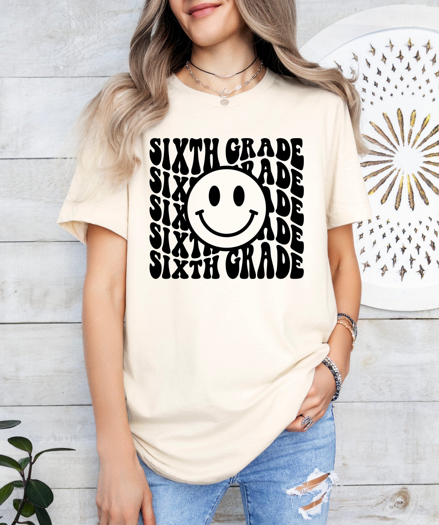 Retro Wave Sixth Grade Teacher Shirt | Light Garment
