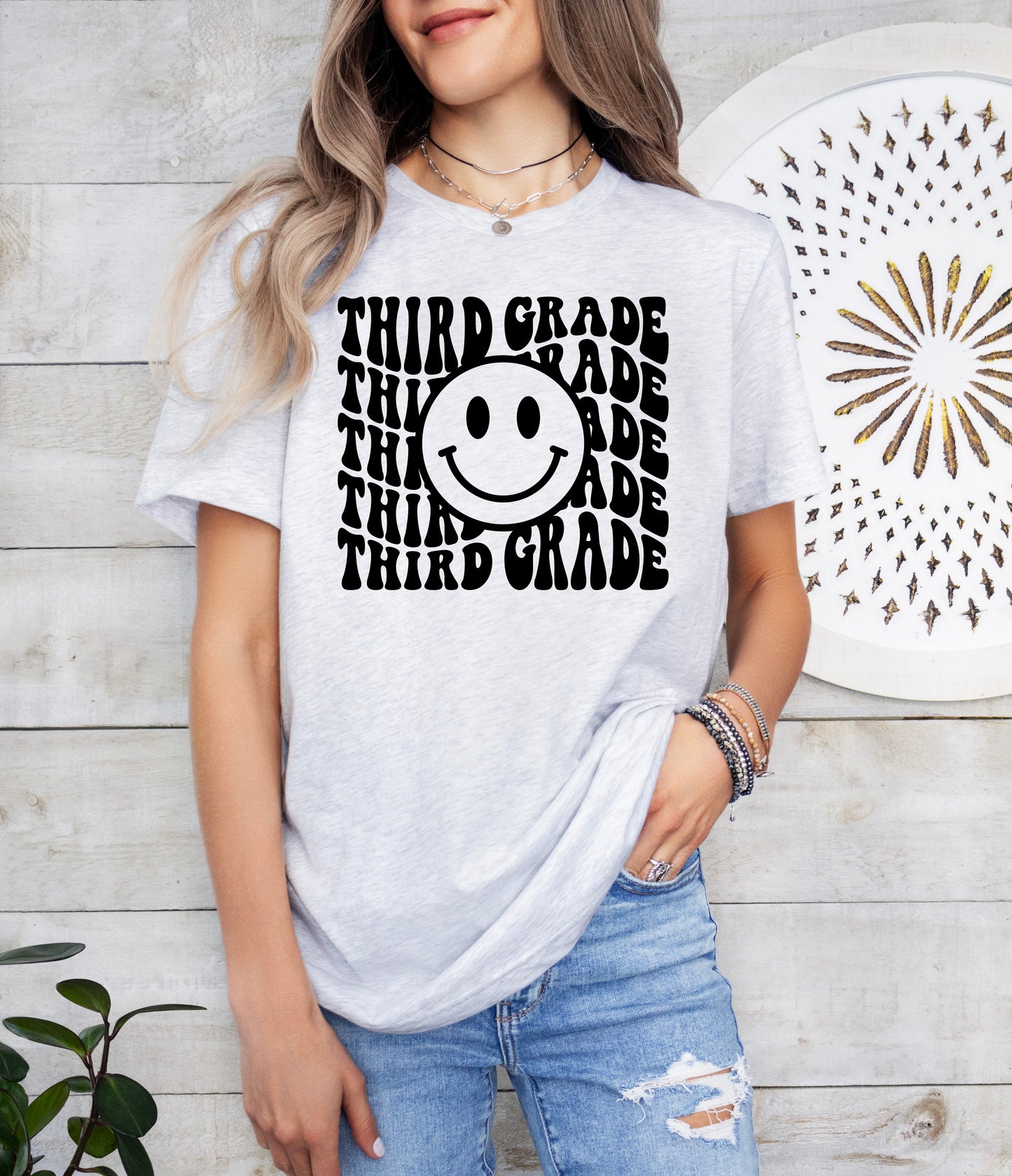 Retro Wave Third Grade Teacher Shirt | Light Garment