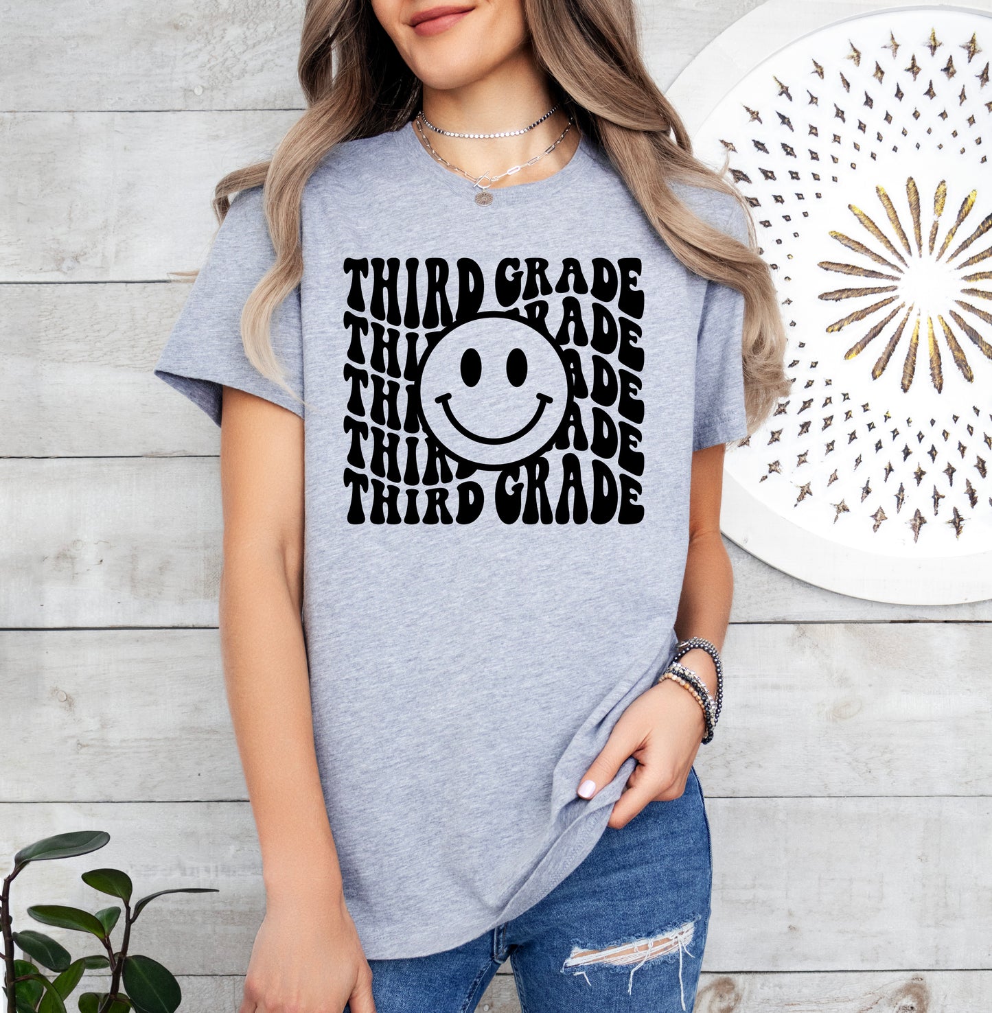 Retro Wave Third Grade Teacher Shirt | Light Garment