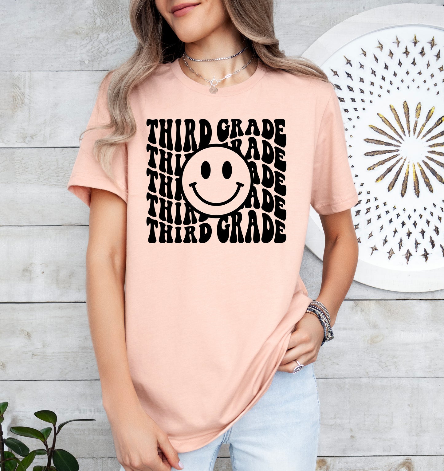 Retro Wave Third Grade Teacher Shirt | Light Garment