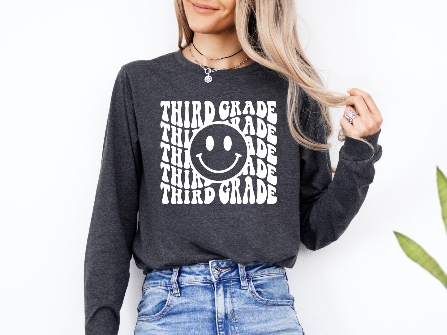 Retro Wave Third Grade Teacher Shirt Long Sleeve | Long Sleeve Teacher Shirt