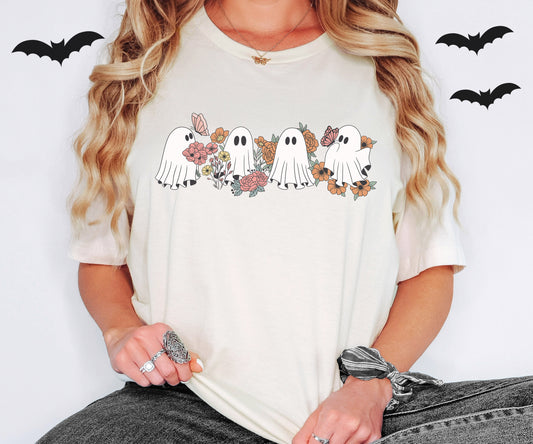Cute Floral Ghosts Halloween Shirt | Light Garment