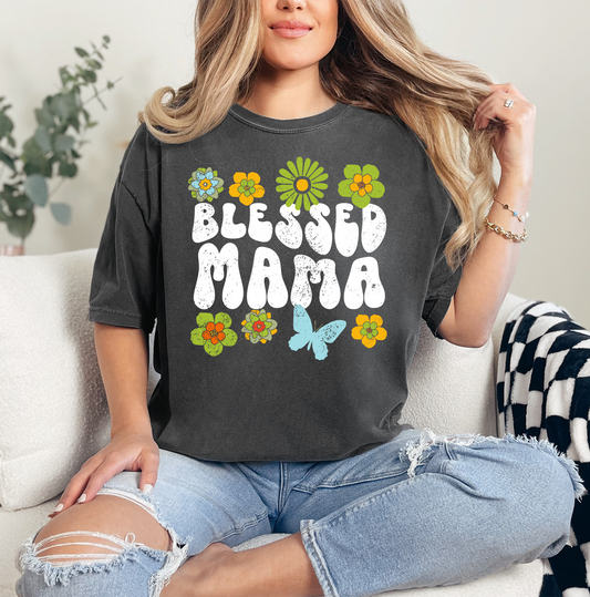 Blessed Mama Retro Flowers Shirt | Comfort Colors Vintage Style Mom Shirt