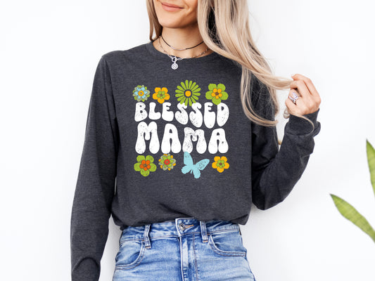 Blessed Mama Retro Flowers Shirt Long Sleeve | Long Sleeve Mom Shirt