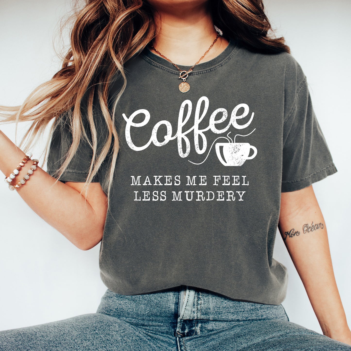 Coffee Makes Me Feel Less Murdery Shirt | Comfort Colors Vintage Style Funny Shirt