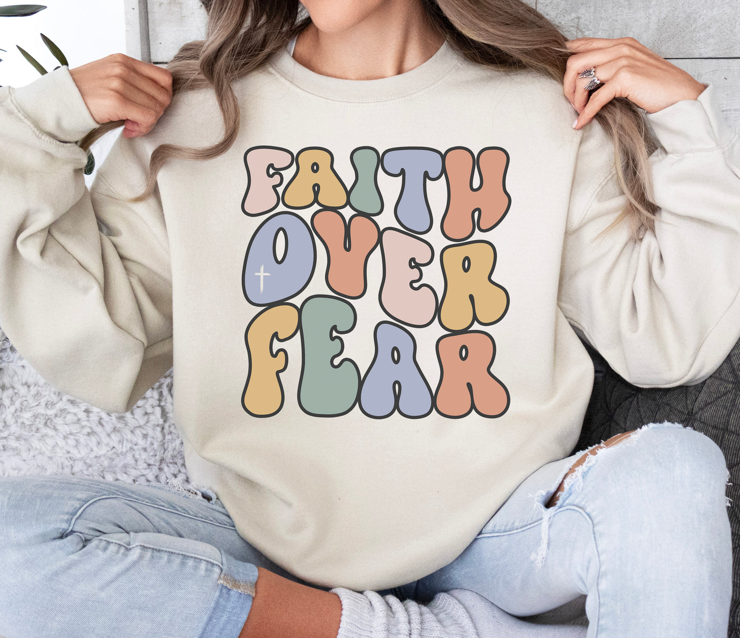 Retro Faith Over Fear Sweatshirt | Christian Sweatshirt