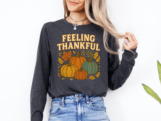 Feeling Thankful Retro Thanksgiving Shirt Pumpkin Tee Long Sleeve